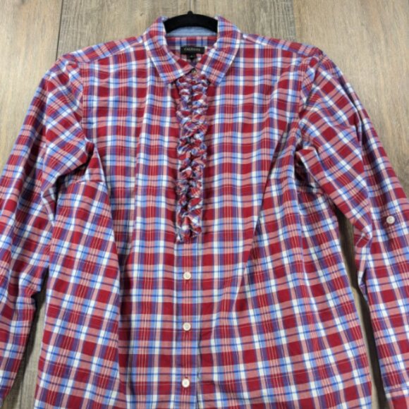 Talbots Top Womens 6 Small Red Plaid Long Sleeve Button Up Ruffle Trim Preppy - Picture 1 of 10